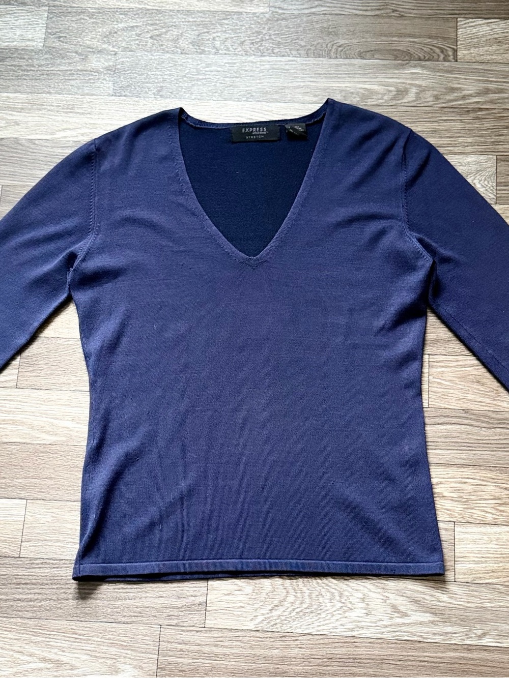 Express World Brand Silk V-Neck Knit Sweater Navy L